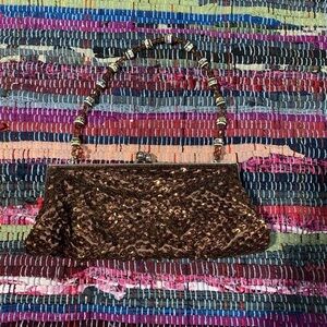 VINTAGE Chateau Brown Sequence Clutch Purse with beaded strap and kiss clasp